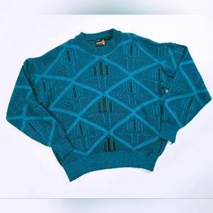 Sasson Vintage 80s Big Men Sweater Bright Teal Black Leather Geometric